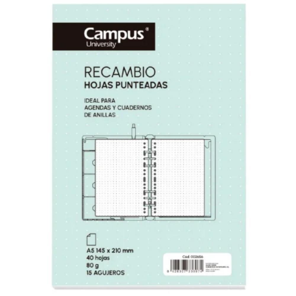 RECAMBIO CAMPUS A5 40H 15 TALADROS PUNTEADAS PARA AGENDAS Y CUADERNOS DE ANILLAS