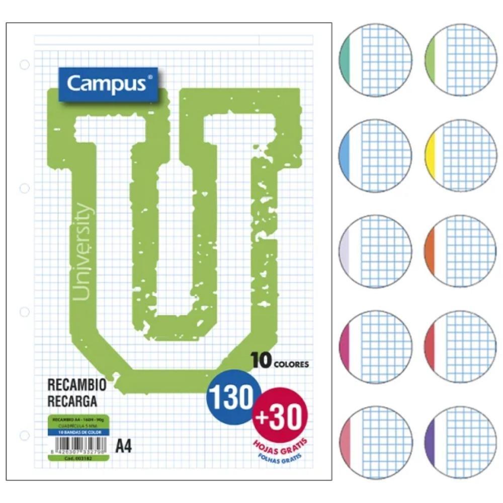 RECAMBIO A4 CAMPUS 160H 90gr 4 TALADROS, 10 COLORES