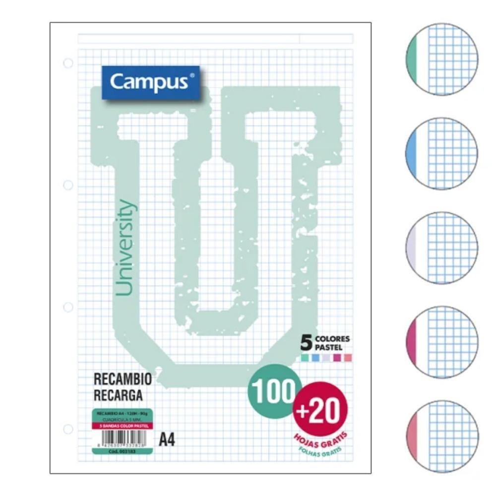 RECAMBIO A4 CAMPUS 100H 90gr 4 TALADROS, 5 COLORES PASTEL CUADRO 5X5
