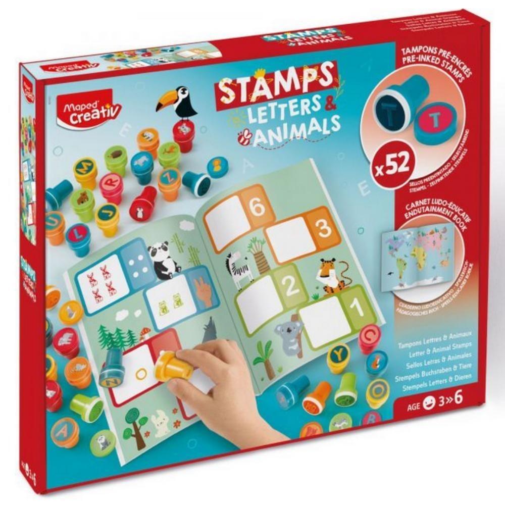 JUEGO 52 SELLOS ALFABETO Y ANIMALES MAPED